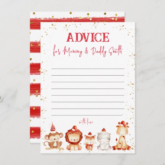 帽子を被った動物たち、両親へのベビーシャワーのアドバイス ノートカード (正面/裏面)