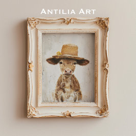 帽子を被った子牛の遊び心あふれる農場動物の絵画 , ポスター