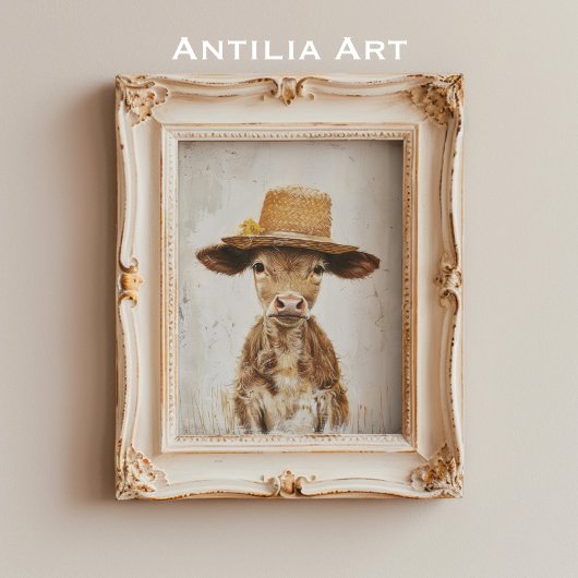 帽子を被った子牛の遊び心あふれる農場動物の絵画 , ポスター