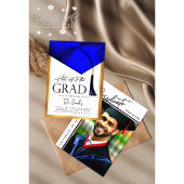 帽子オフからグラッドブルー&金ゴールドメンズ卒業写真 招待状