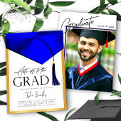 帽子オフからグラッドブルー&金ゴールドメンズ卒業写真 招待状