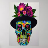 帽子カラフルと花の付いたスカル | AI Art ポスター (正面)