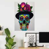 帽子カラフルと花の付いたスカル | AI Art ポスター (ホームオフィス)