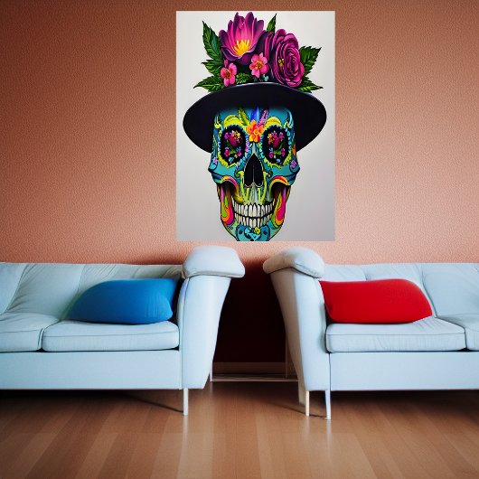 帽子カラフルと花の付いたスカル | AI Art ポスター