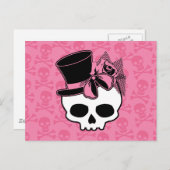 帽子ガーリーとピンクボウ付きスカル ポストカード (正面/裏面)
