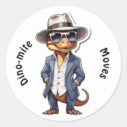 帽子クールとスーツを着たTレックス漫画 ラウンドシール (正面)