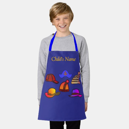 帽子コレクションキッズブルークラフトのパーソナライズ エプロン (着用した状態)