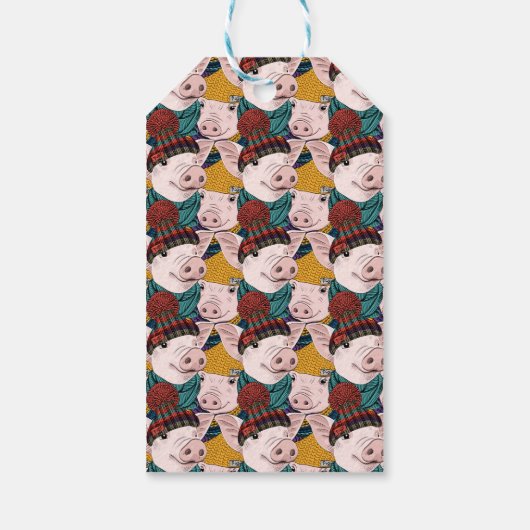 帽子パターンの豚 |名前の追加 ギフトタグ (裏面)