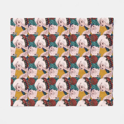 帽子パターンを持つブタ フリースブランケット (正面(横))
