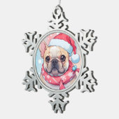 帽子フランスのとスカーフの可愛いブルドッグ スノーフレークピューターオーナメント (右)