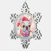 帽子フランスのとスカーフの可愛いブルドッグ スノーフレークピューターオーナメント (右)