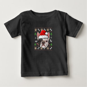 帽子フランスのプレゼント付きブルドッグのクリスマスドッグサンタ ベビーTシャツ