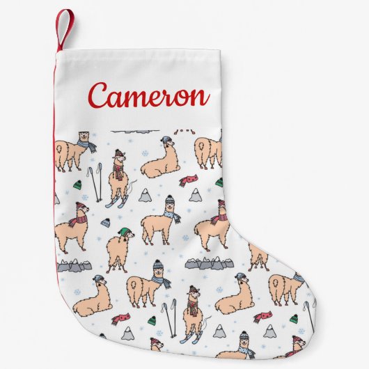 帽子及びスカーフのスキーのあなたの一流の|のラマを加えて下さい スモールクリスマスストッキング (正面)