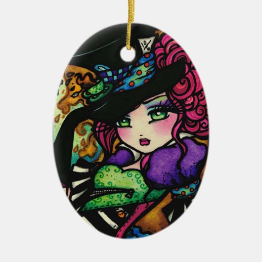 帽子屋のアリスの不思議の国の女の子のファンタジー セラミックオーナメント (正面)