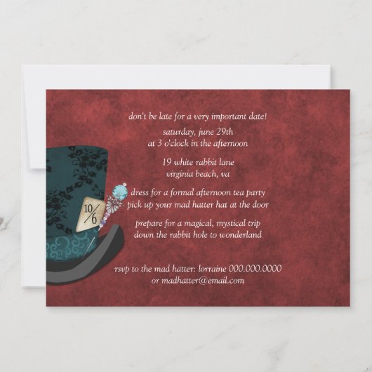 帽子屋のブライダルシャワーの茶パーティの招待状 招待状 (裏面)