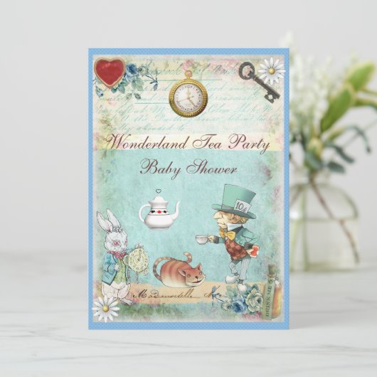 帽子屋の不思議の国のお茶会のベビーシャワー 招待状 (スタンド正面)