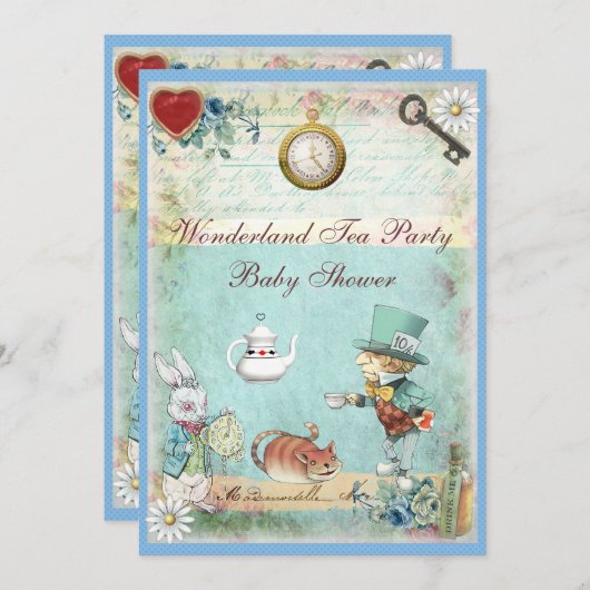 帽子屋の不思議の国のお茶会のベビーシャワー 招待状 (正面/裏面)