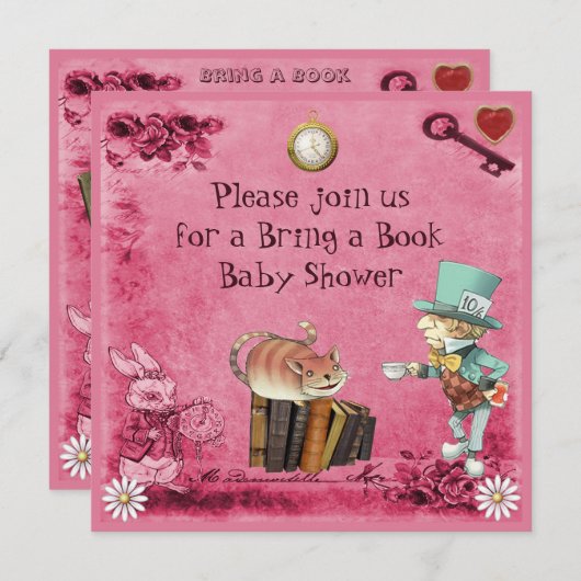 帽子屋及びチェシャー猫のピンクは本を持って来ます 招待状 (正面/裏面)