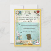 帽子屋及び猫RSVPは本のベビーシャワーを持って来ます 出欠カード (裏面)