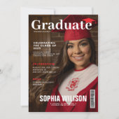 帽子赤と白雑誌の写真卒業 招待状 (正面)