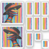 帽子7のカラフル印象的なシルエットの女性 シール (正面)