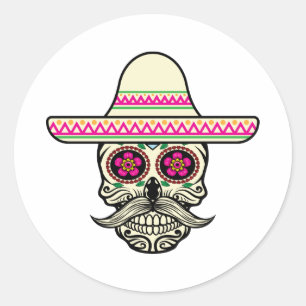 帽子 のステッカーを持つSimple Dia de Muertos Skull ラウンドシール
