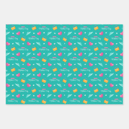 帽子、ハンドバッグ、ハートティール（緑がかった色）母の日 ラッピングペーパーシート