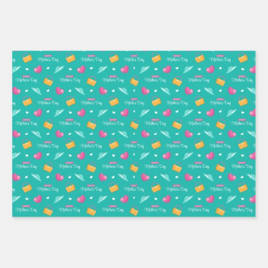 帽子、ハンドバッグ、ハートティール（緑がかった色）母の日 ラッピングペーパーシート (正面)