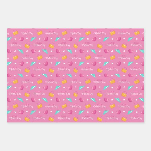 帽子、ハンドバッグ、ハートピンクの母の日 ラッピングペーパーシート (正面)