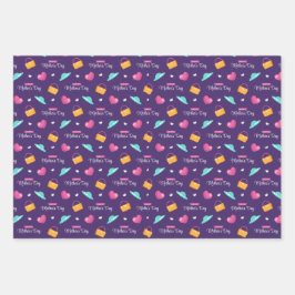 帽子、ハンドバッグ、ハート紫の母の日 ラッピングペーパーシート