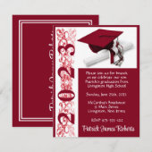 帽子&卒業証書、真っ赤な背景の卒業式 招待状 (正面/裏面)