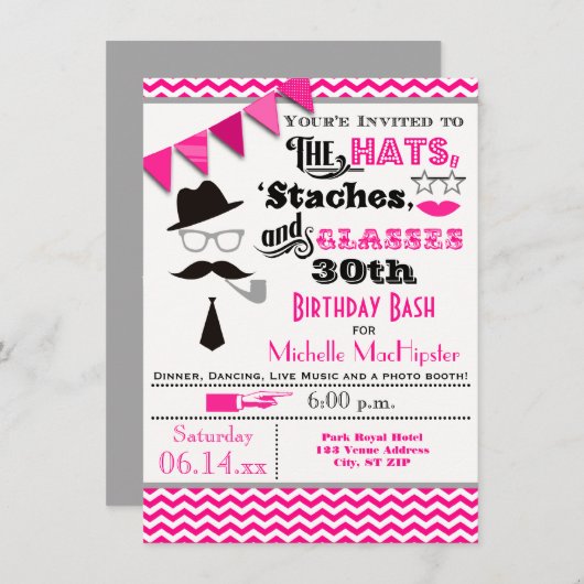 帽子、口ひげ、眼鏡30歳の誕生日招待状 招待状 (正面/裏面)