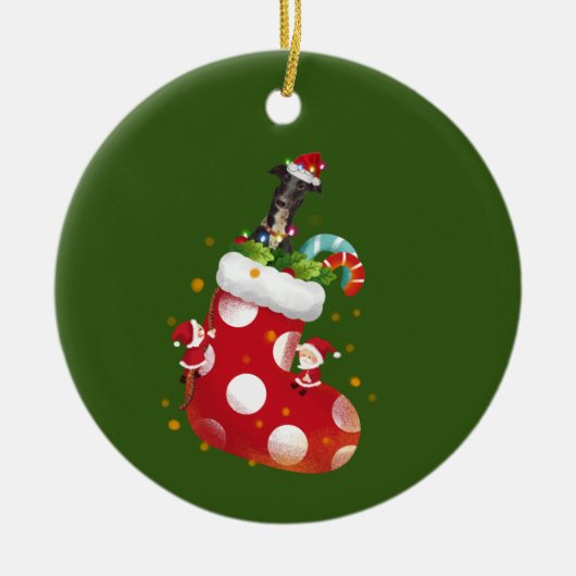 帽子LIGHTSクリスマス付きグレイハウンド セラミックオーナメント (正面)