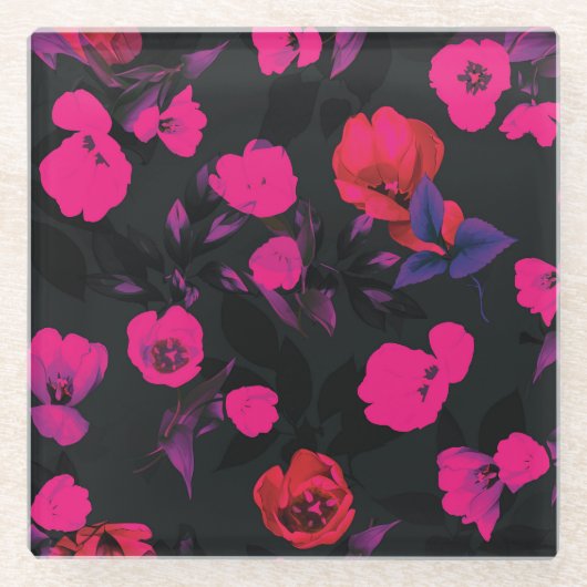 幅の広いヴィンテージフローラ、スタイル化されたチューリップのパターン。 ガラスコースター (正面)