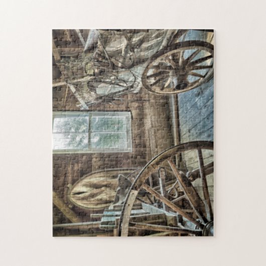 幌馬車、木の荷馬車の車輪 ジグソーパズル (縦)