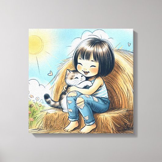 干し草の上の小さな女の子 キャンバスプリント (正面)