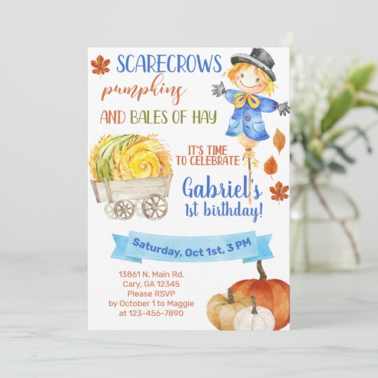 干し草の誕生日招待状のかかしカボチャのバラ。 招待状 (スタンド正面)