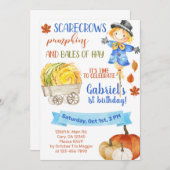 干し草の誕生日招待状のかかしカボチャのバラ。 招待状 (正面/裏面)