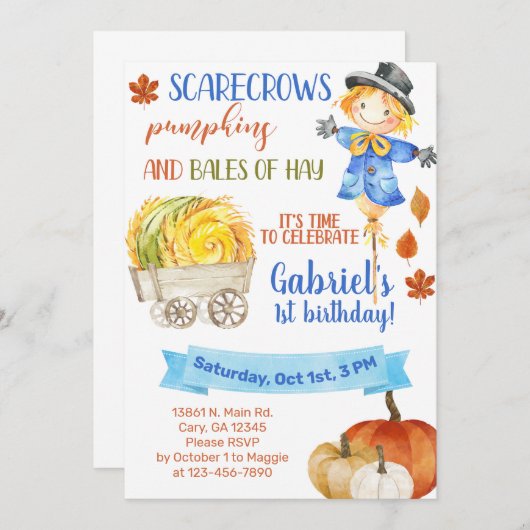 干し草の誕生日招待状のかかしカボチャのバラ。 招待状 (正面/裏面)