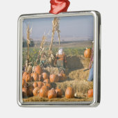 干し草ベールおよびかかしが付いているカボチャ表示 メタルオーナメント (左)