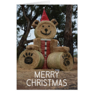 干し草ベールくまのクリスマスカード