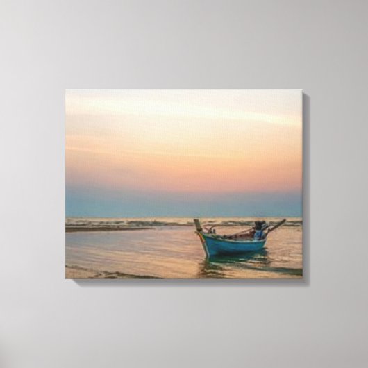 干潮ボートでビーチの日没いくつかのサイズ キャンバスプリント (正面)