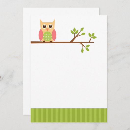 平らなフクロウのメッセージカード-かわいい文房具 ノートカード (正面/裏面)