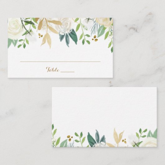 平らな座席表を結婚する金ゴールドおよび白い花 プレイスカード (正面/裏面)
