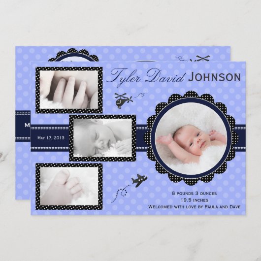 平らな男の赤ちゃんの写真の誕生の発表 案内状 (正面/裏面)