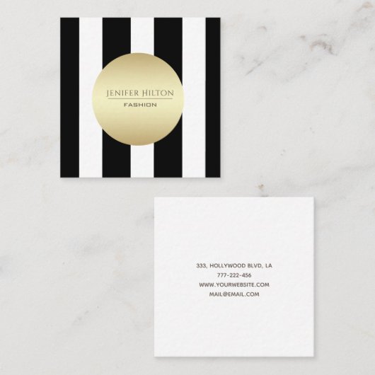 平エレガントフェイク金ゴールド円黒/白ストライプ円 スクエア名刺 (正面/裏面)