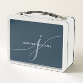 平エレガント塵のネイビーブルースクリプトモノグラム メタルランチボックス (裏面)