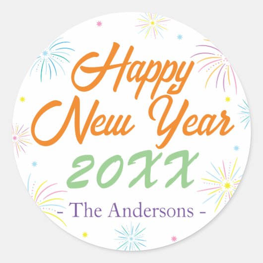 平カラフル正月大晦日パーティー – ホワイト ラウンドシール (正面)