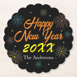 平カラフル正月大晦日パーティー – 黒 ペーパーコースター