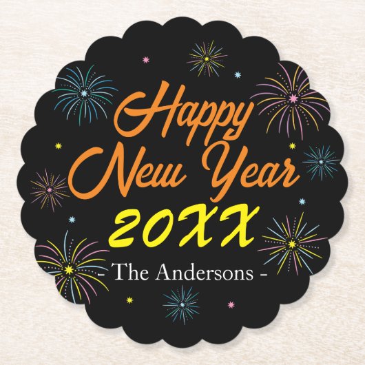 平カラフル正月大晦日パーティー – 黒 ペーパーコースター (正面)